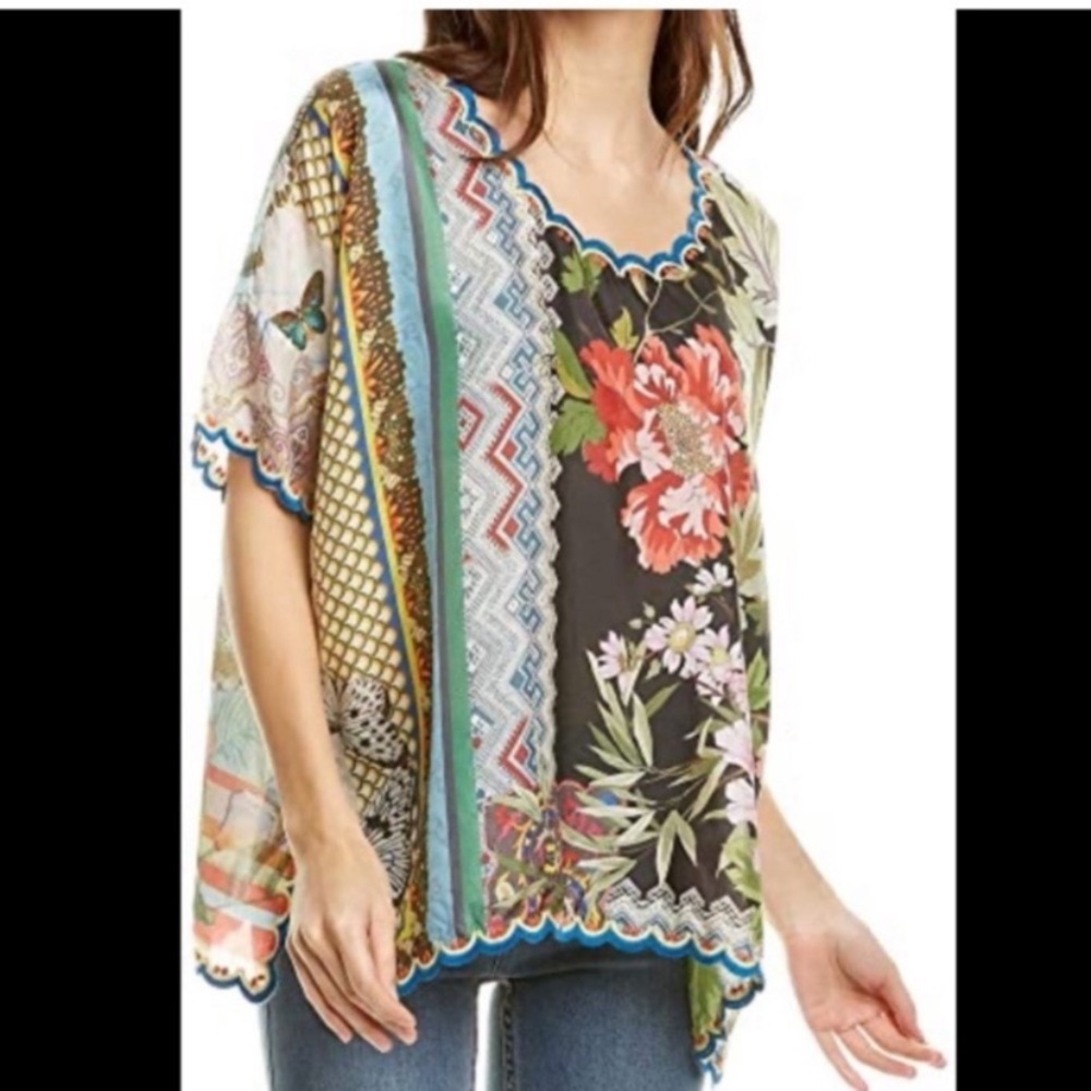 Johnny Was Loren Floral Butterfly Silk Embroidered Boho Top